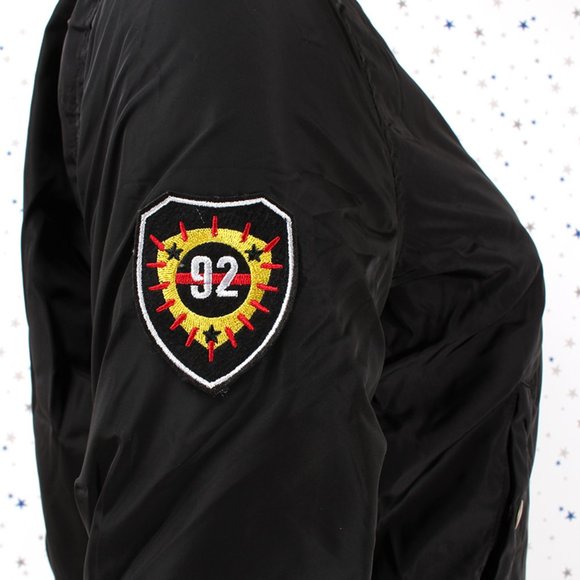 Fur Lined Short Bomber Jacket Patches Black - Picture 10 of 12